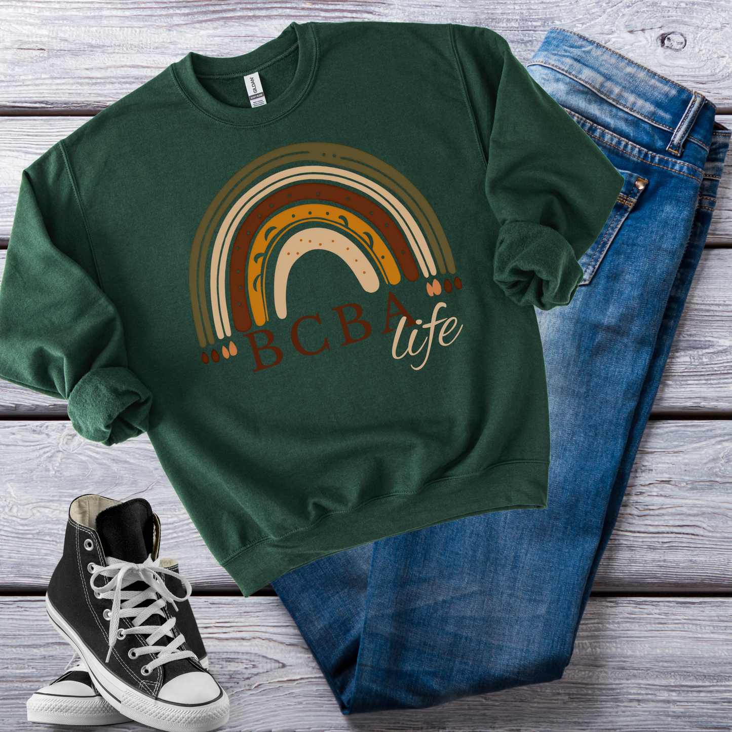 Boho Rainbow BCBA Sweatshirt – Minimalist Behavior Analyst Crewneck, Therapist Pride Gift