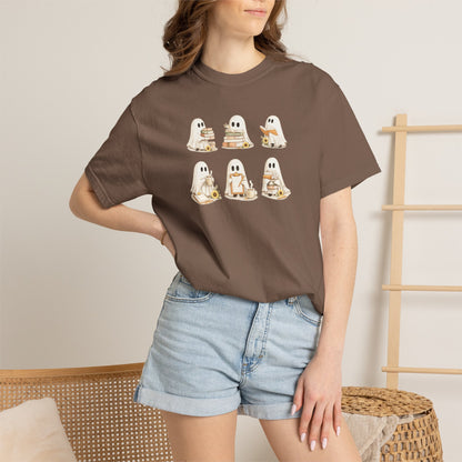 Woman wearing brown Comfort Colors Ghost Teacher Shirt with hand-illustrated ghosts holding books design - The Teechers Thread