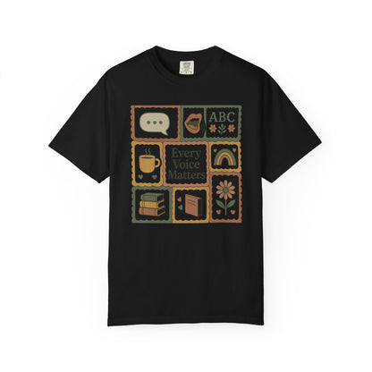 Every Voice Matters Shirt – Speech Therapy Teacher Tee – Boho Patchwork Comfort Colors 1717 Tee