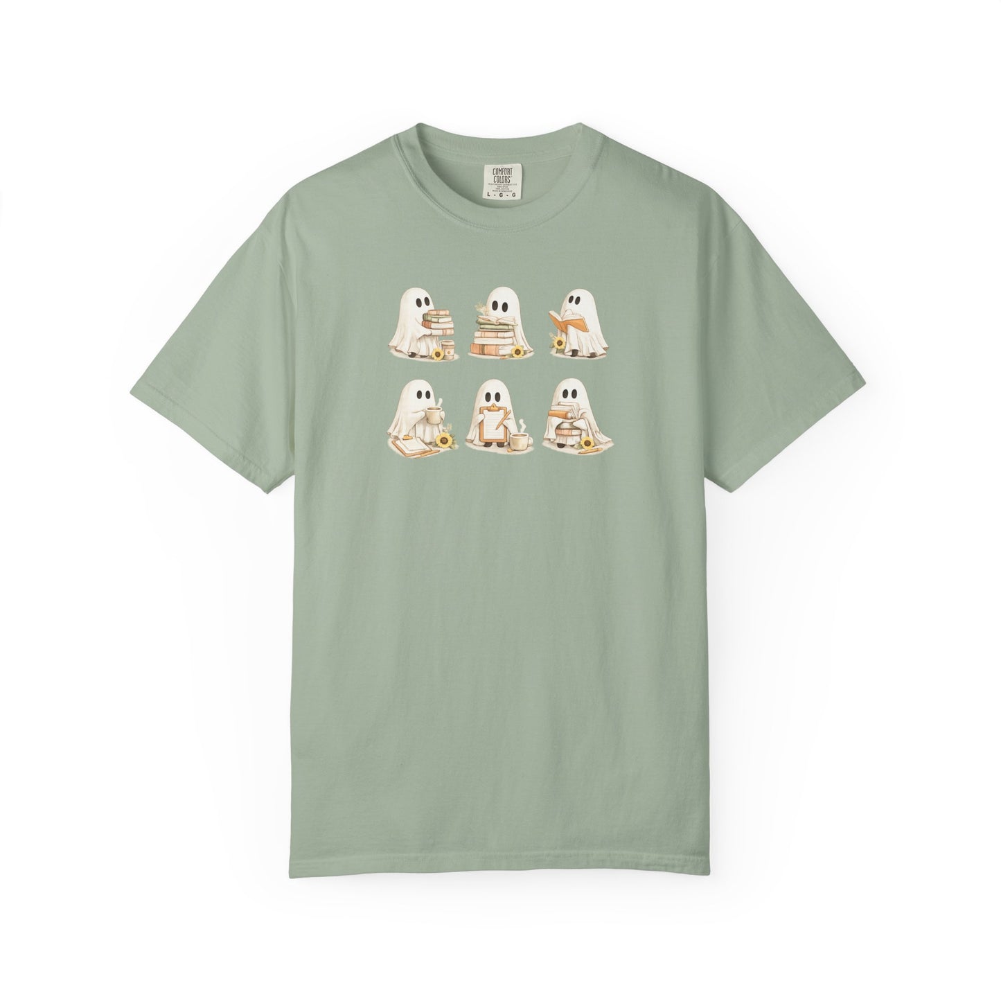 Sage green Comfort Colors t-shirt with six hand-illustrated ghosts holding books, front view - Ghost Teacher Shirt by The Teechers Thread