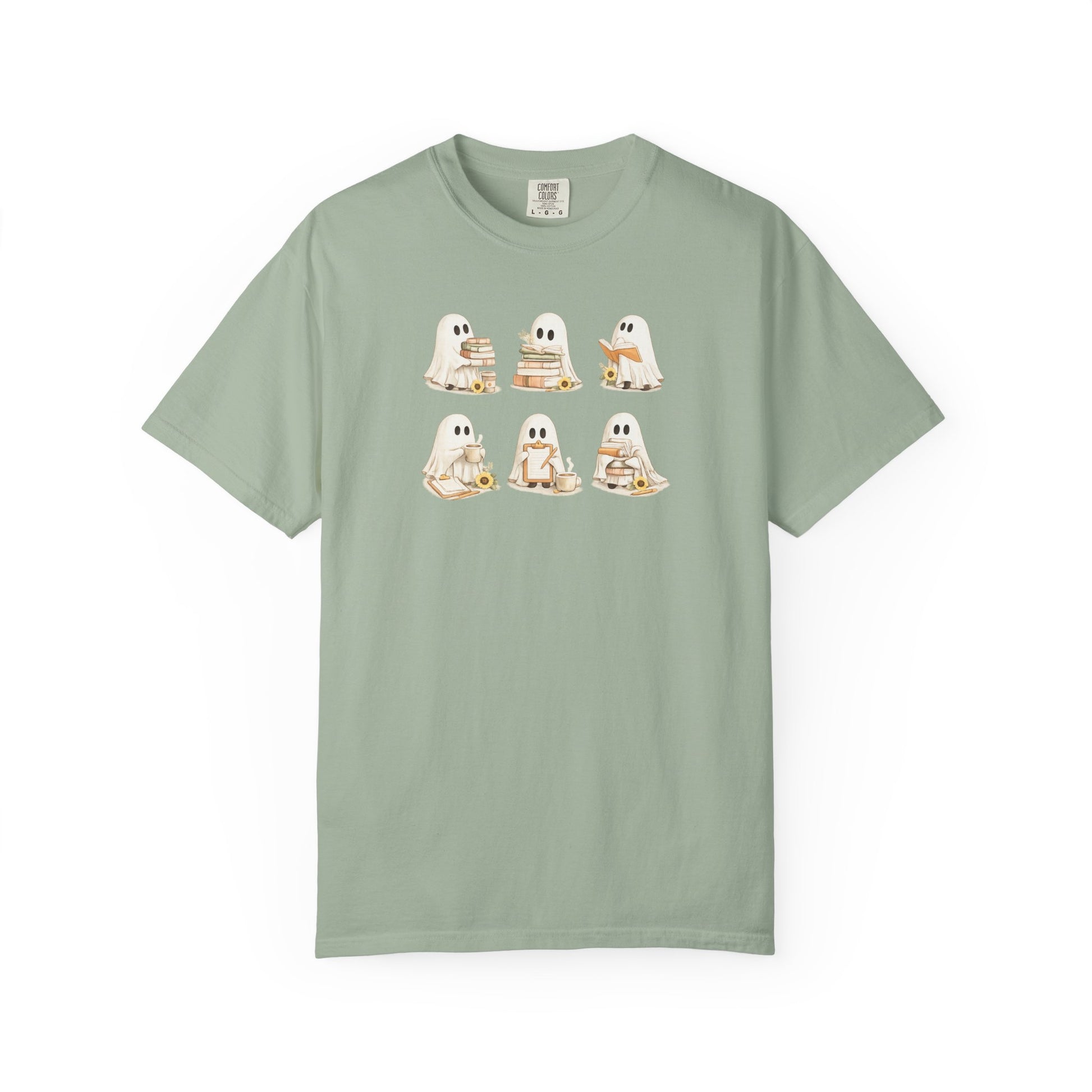 Sage green Comfort Colors t-shirt with six hand-illustrated ghosts holding books, front view - Ghost Teacher Shirt by The Teechers Thread