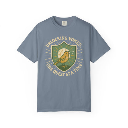 Unlocking Voices Shirt – Speech Therapist Bird Crest Tee – Boho Minimal Comfort Colors 1717 Tee