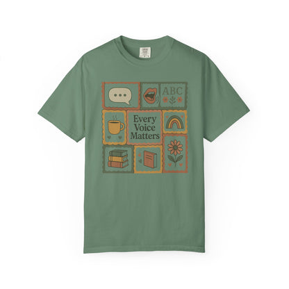 Every Voice Matters Shirt – Speech Therapy Teacher Tee – Boho Patchwork Comfort Colors 1717 Tee