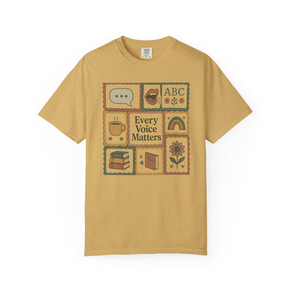Every Voice Matters Shirt – Speech Therapy Teacher Tee – Boho Patchwork Comfort Colors 1717 Tee