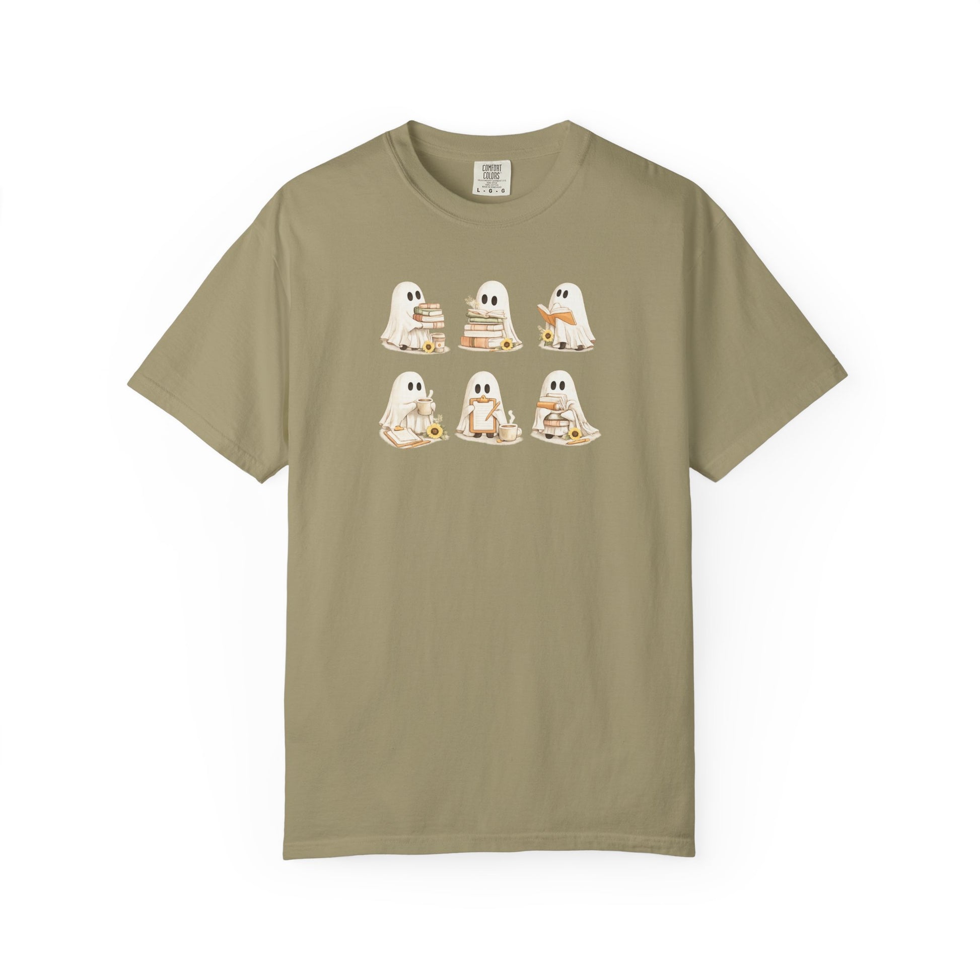 Olive green Comfort Colors t-shirt with six hand-illustrated ghosts holding books, front view - Ghost Teacher Shirt by The Teechers Thread