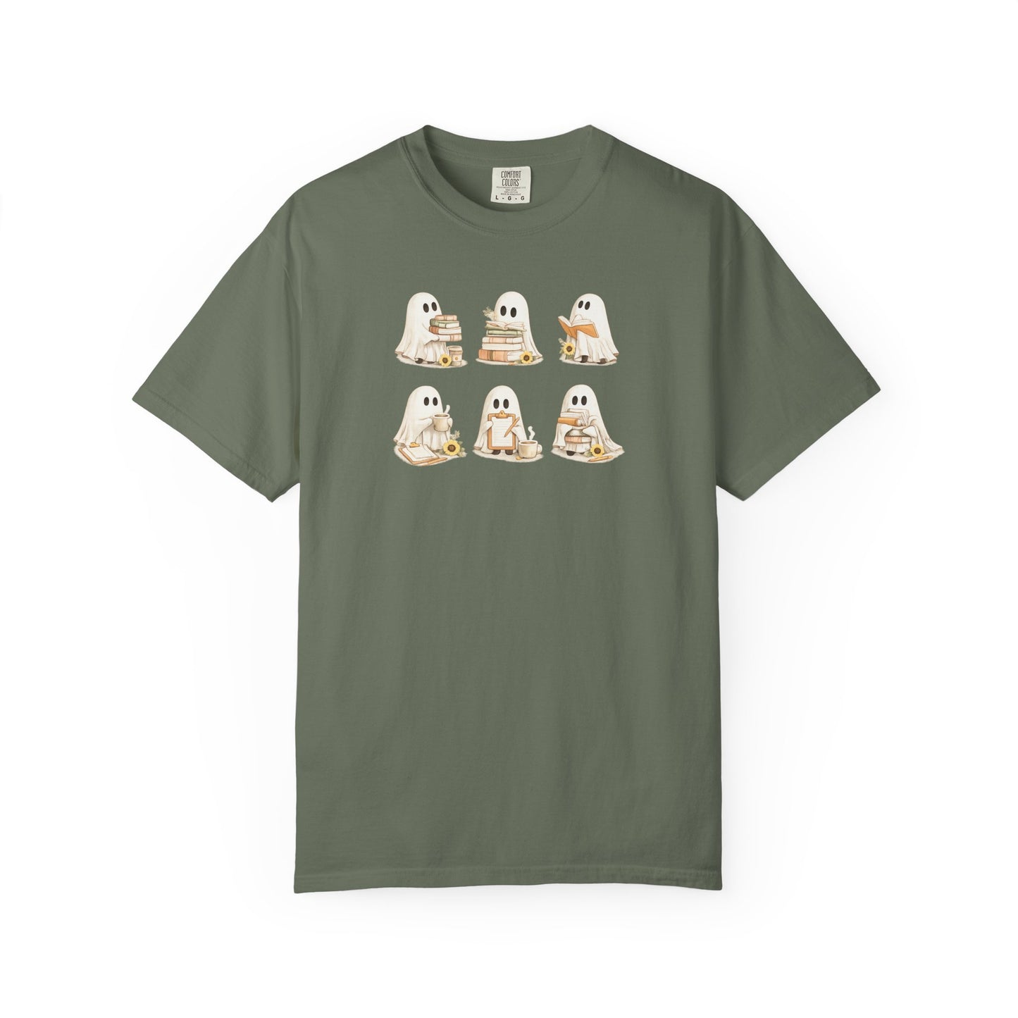 Forest green Comfort Colors t-shirt with six hand-illustrated ghosts holding books, front view - Ghost Teacher Shirt by The Teechers Thread