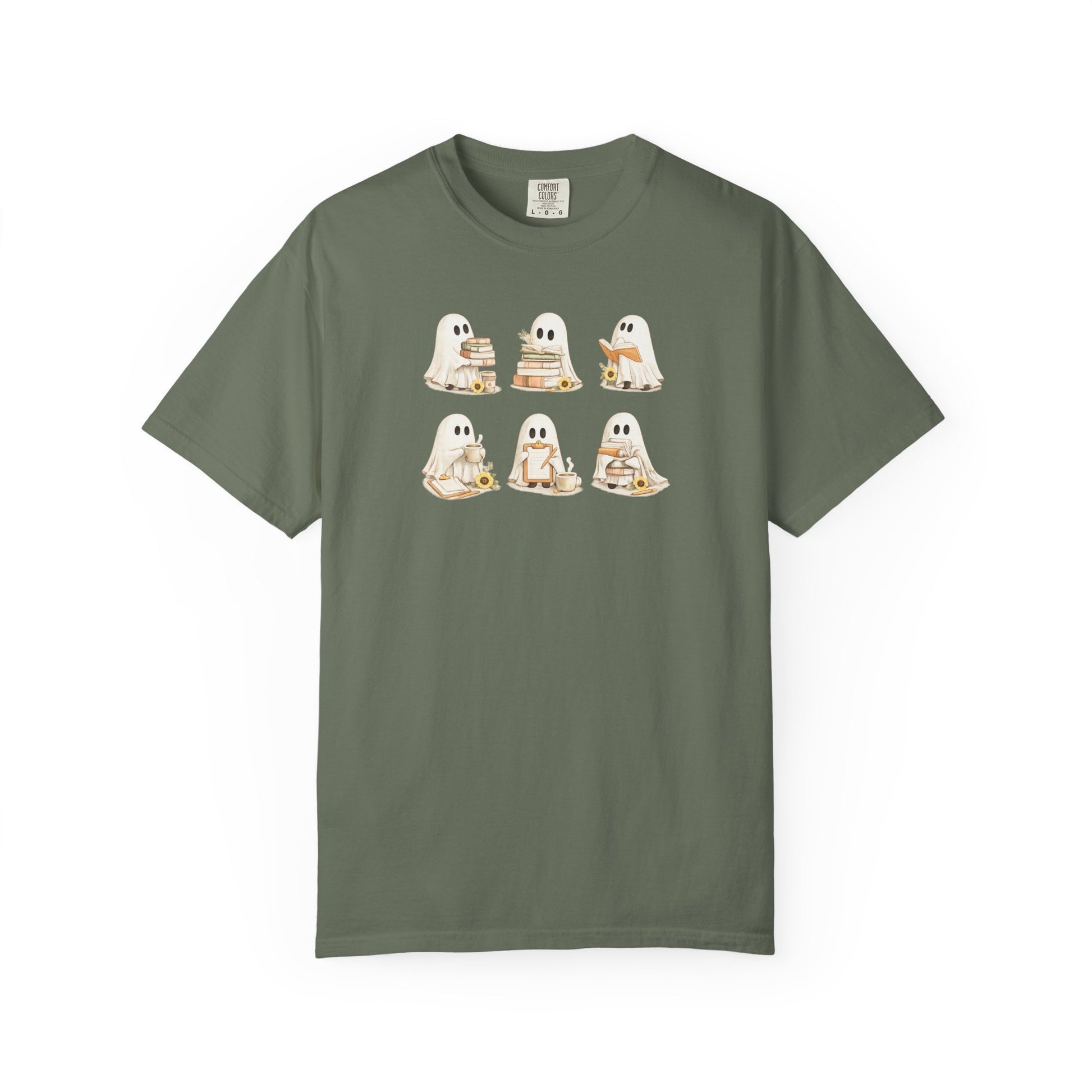 Forest green Comfort Colors t-shirt with six hand-illustrated ghosts holding books, front view - Ghost Teacher Shirt by The Teechers Thread