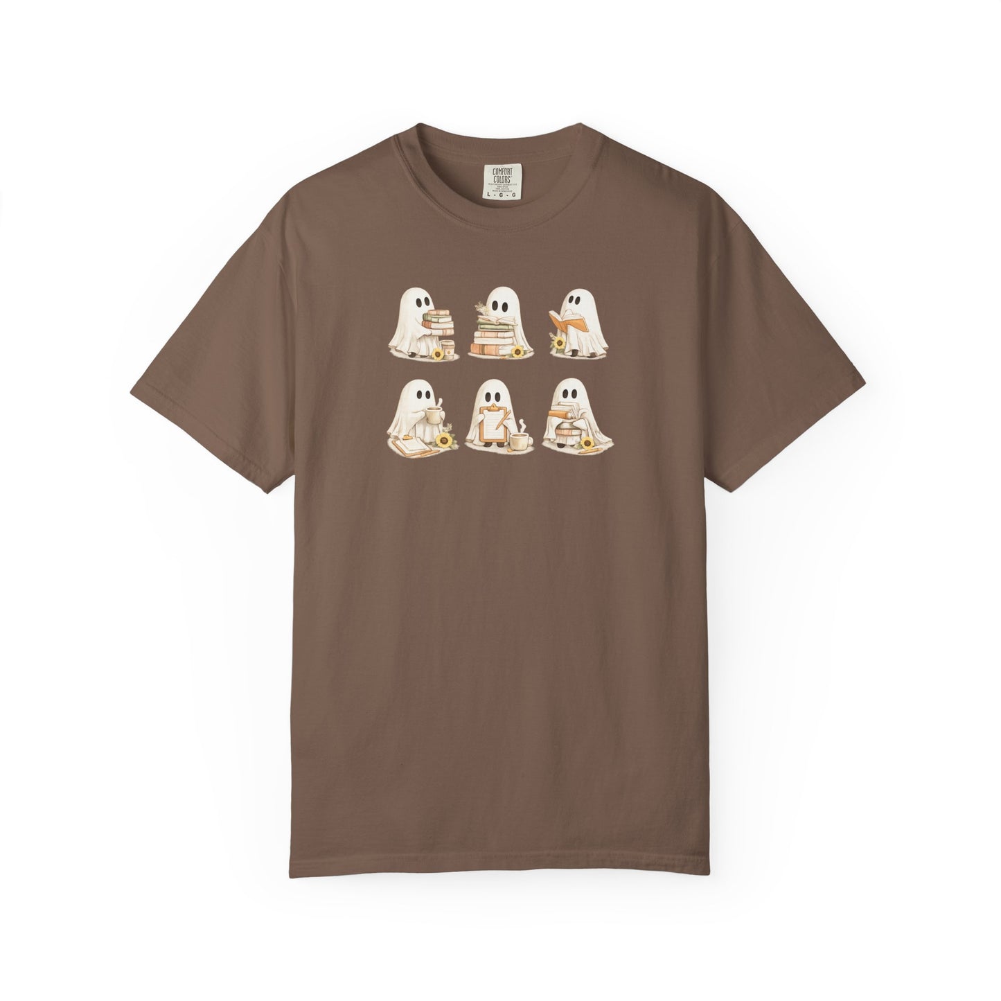 Brown Comfort Colors t-shirt with six hand-illustrated ghosts holding books, front view - Ghost Teacher Shirt by The Teechers Thread