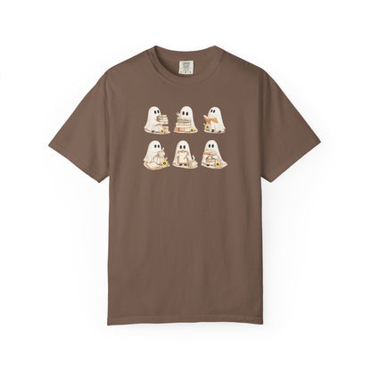 Brown Comfort Colors t-shirt with six hand-illustrated ghosts holding books, front view - Ghost Teacher Shirt by The Teechers Thread