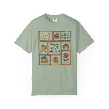 Every Voice Matters Shirt – Speech Therapy Teacher Tee – Boho Patchwork Comfort Colors 1717 Tee