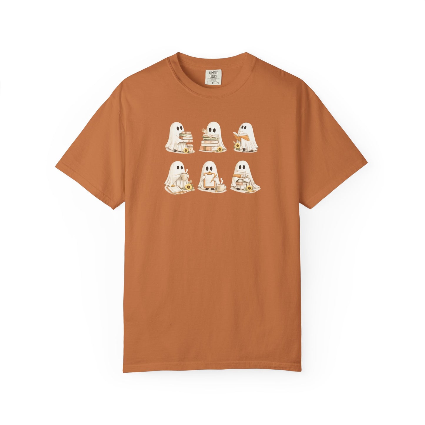 Rust orange Comfort Colors t-shirt with six hand-illustrated ghosts holding books, front view - Ghost Teacher Shirt by The Teechers Thread