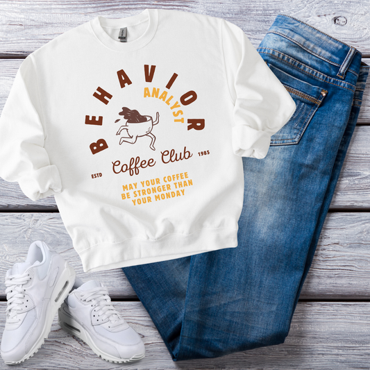 Coffee Club BCBA Sweatshirt – Boho Minimalist Behavior Analyst Crewneck, Funny Therapist Gift