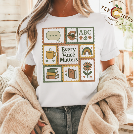 Every Voice Matters Shirt – Speech Therapy Teacher Tee – Boho Patchwork Comfort Colors 1717 Tee