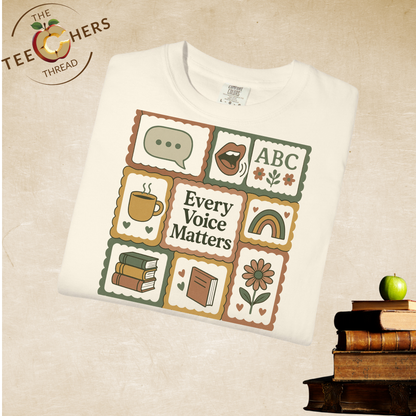 Every Voice Matters Shirt – Speech Therapy Teacher Tee – Boho Patchwork Comfort Colors 1717 Tee