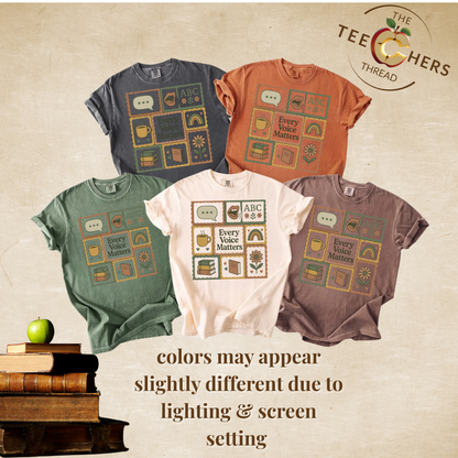 Every Voice Matters Shirt – Speech Therapy Teacher Tee – Boho Patchwork Comfort Colors 1717 Tee