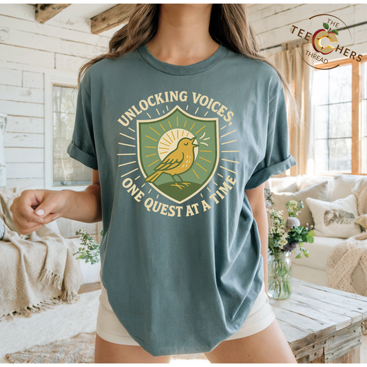 Unlocking Voices Shirt – Speech Therapist Bird Crest Tee – Boho Minimal Comfort Colors 1717 Tee