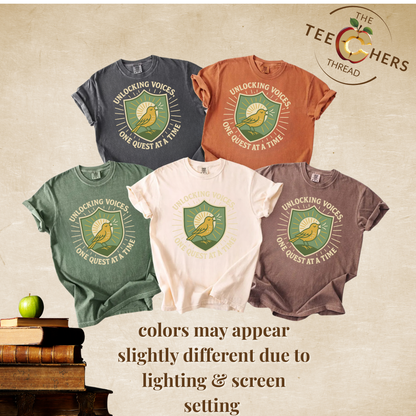 Unlocking Voices Shirt – Speech Therapist Bird Crest Tee – Boho Minimal Comfort Colors 1717 Tee