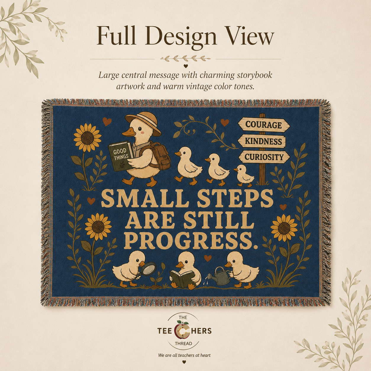 Close-up full design view of woven blanket with duck and sunflower illustration and Small Steps Are Still Progress text - The Teechers Thread