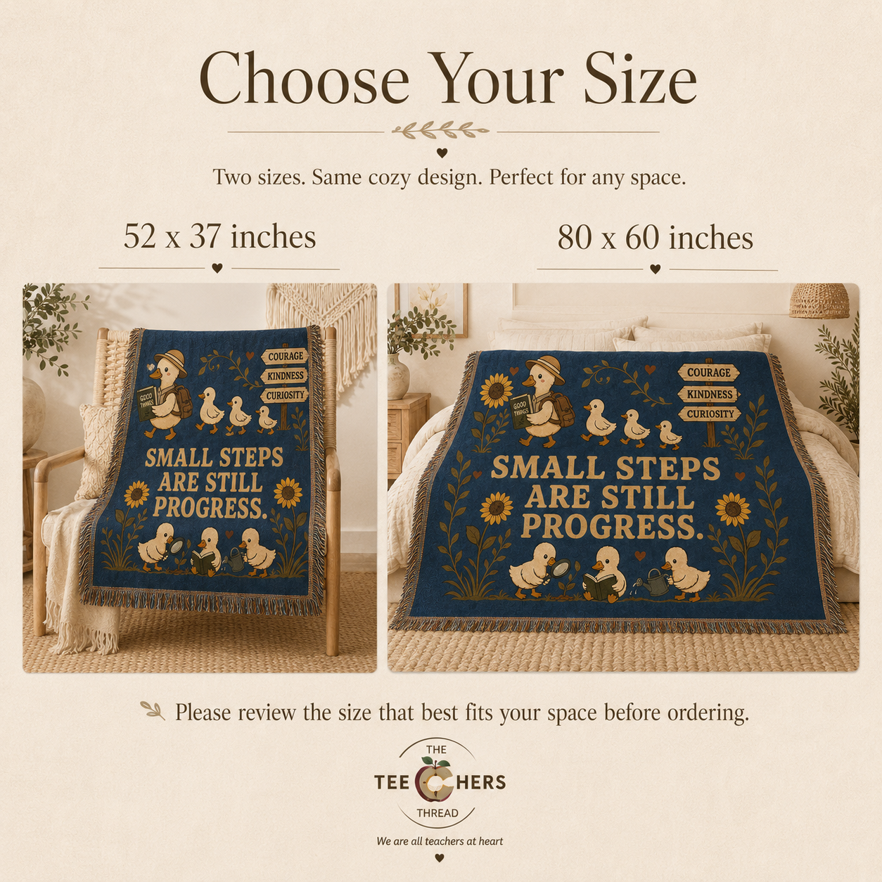 Size chart graphic showing woven blanket options in 52x37 and 80x60 inches - Small Steps Are Still Progress Throw by The Teechers Thread