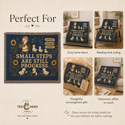 Perfect For graphic showing woven blanket styled in home decor, reading nook, gift, and office settings - Small Steps Are Still Progress Throw by The Teechers Thread