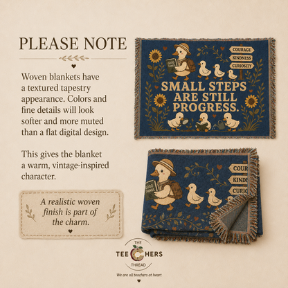Please Note graphic explaining the woven tapestry texture and vintage-inspired look of the blanket - Small Steps Are Still Progress Throw by The Teechers Thread
