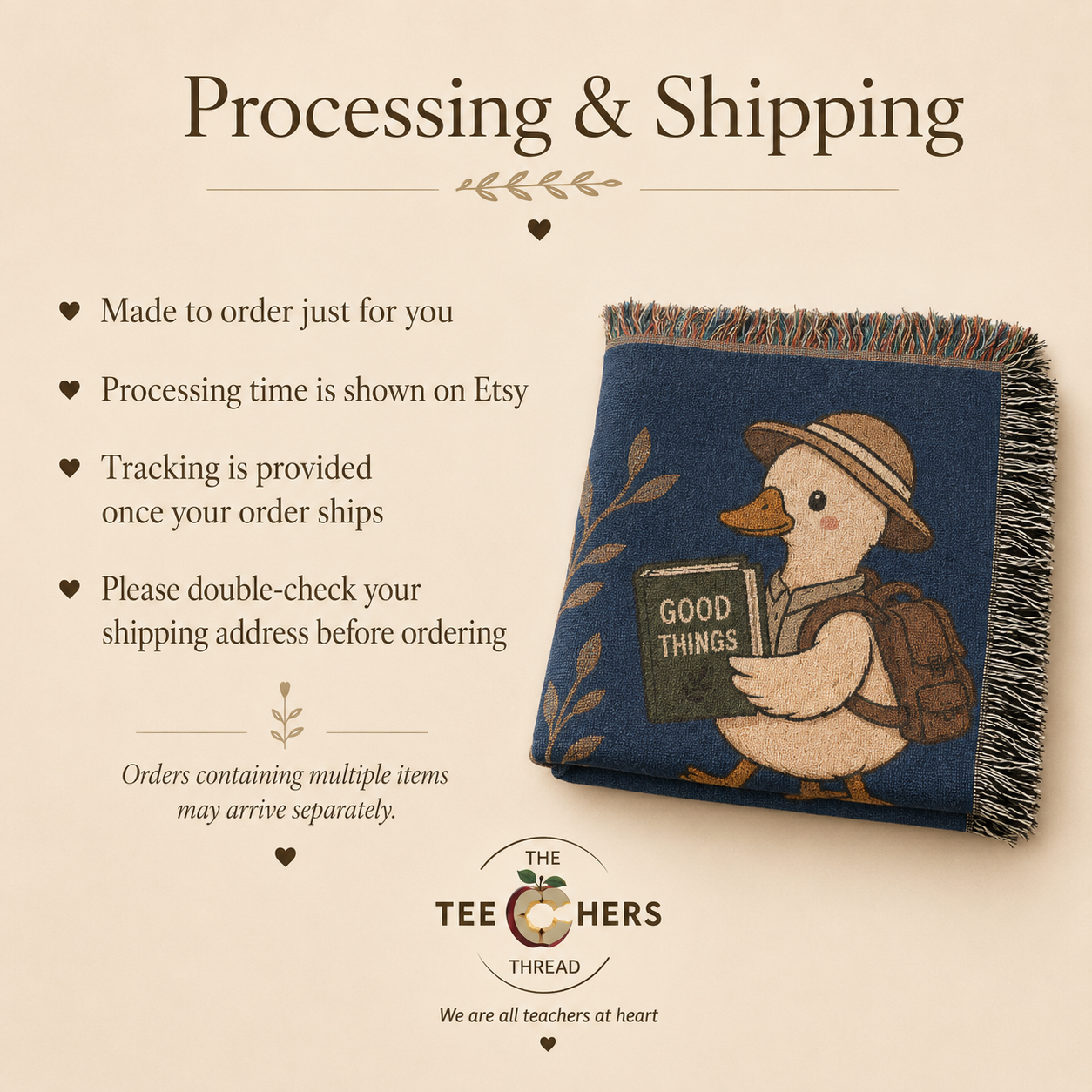 Processing and shipping graphic with folded navy throw blanket featuring a duck illustration - Small Steps Are Still Progress Throw by The Teechers Thread