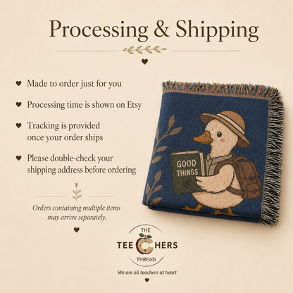 Processing and shipping graphic with folded navy throw blanket featuring a duck illustration - Small Steps Are Still Progress Throw by The Teechers Thread