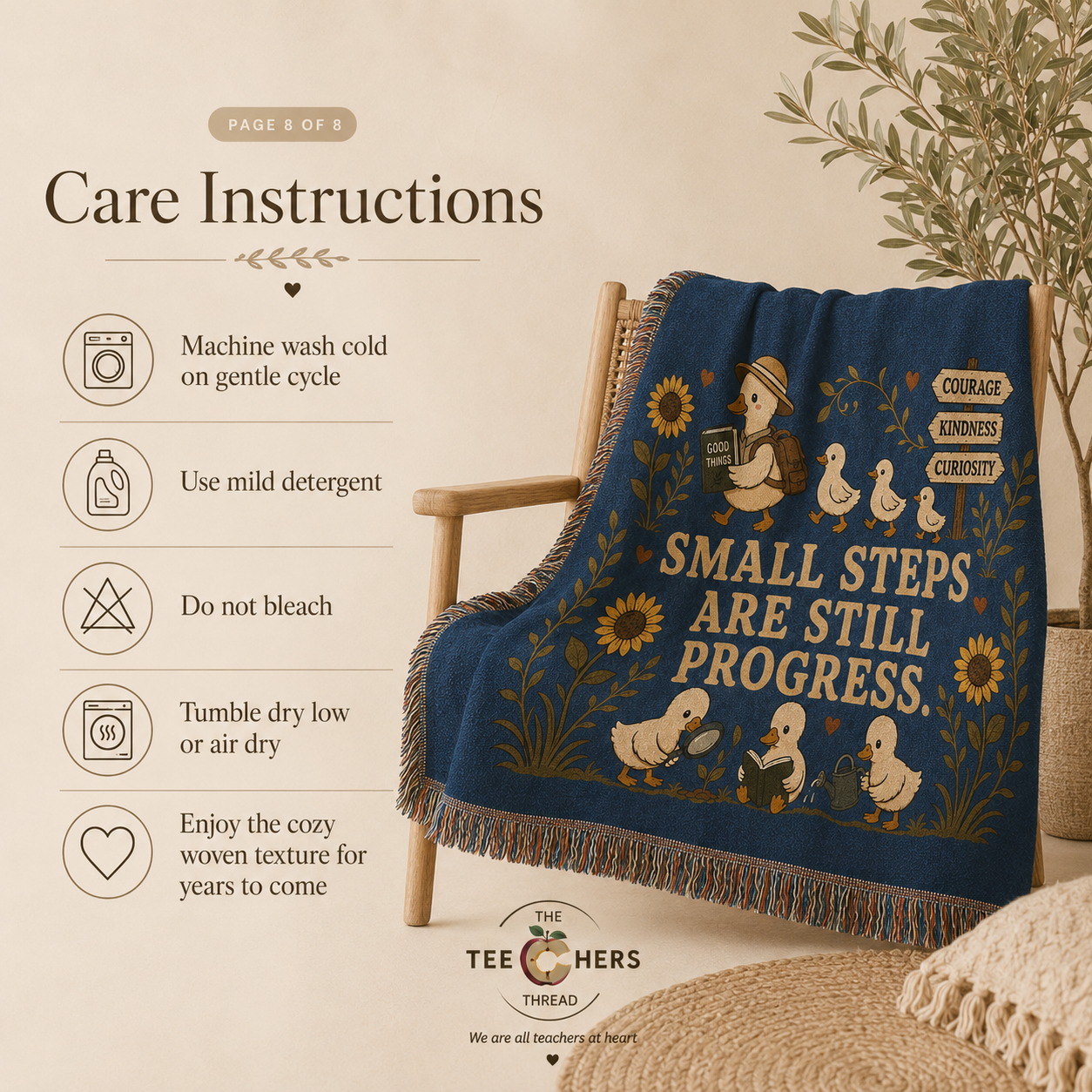 Care instructions graphic for woven blanket covering wash, dry, and bleach guidance - Small Steps Are Still Progress Throw by The Teechers Thread