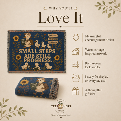 Why You'll Love It graphic listing benefits of the woven throw blanket with duck design - Small Steps Are Still Progress Throw by The Teechers Thread