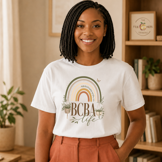 Board Certified Behavior Analyst wearing white BCBA Life boho rainbow tee, BCBA appreciation gift shirt
