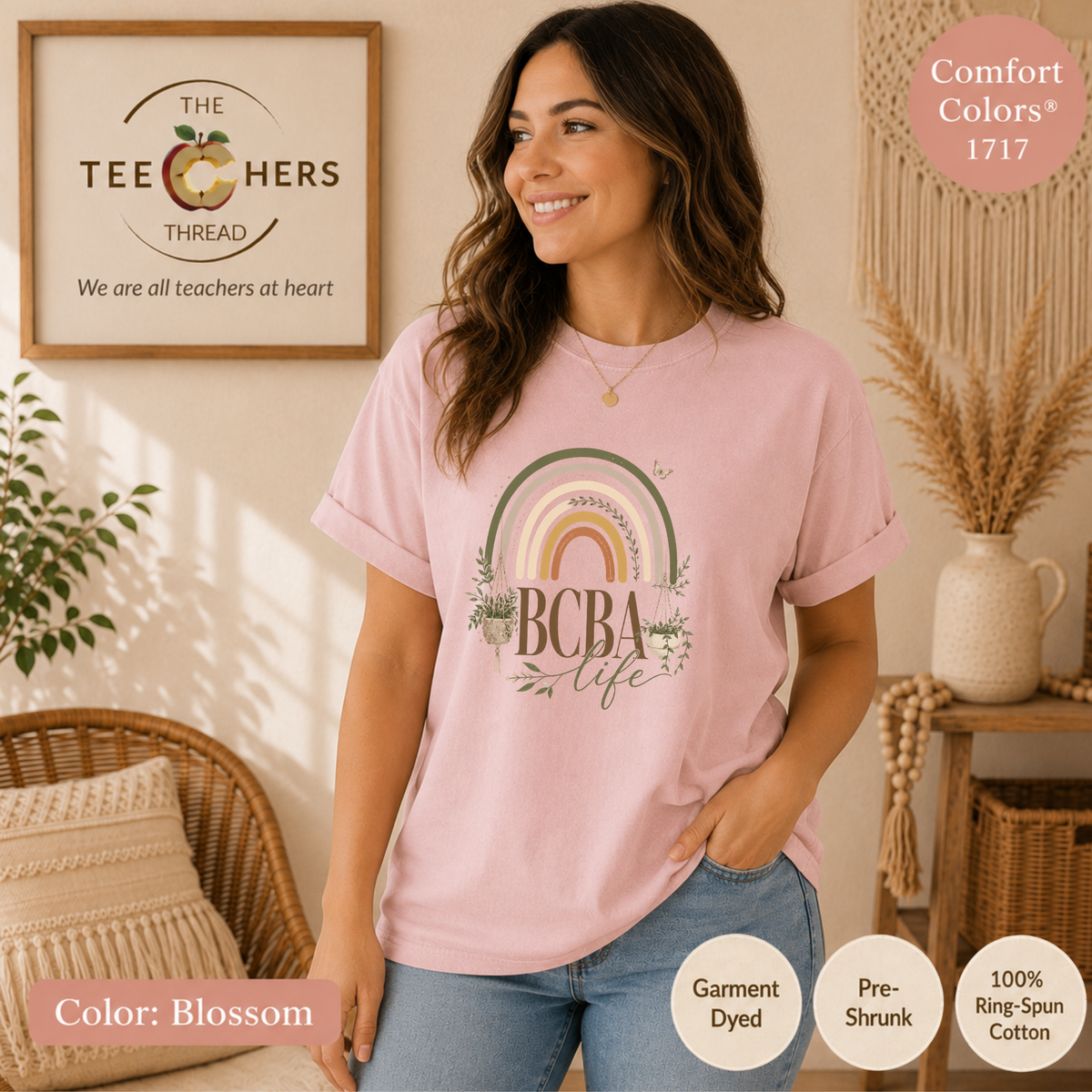 Model in pink Blossom BCBA Life boho rainbow tee, garment-dyed Comfort Colors 1717 cotton behavior analyst shirt