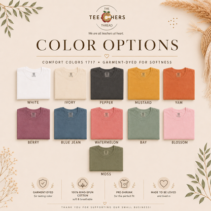 BCBA boho rainbow tee color options chart, garment-dyed Comfort Colors 1717 shades from white to moss