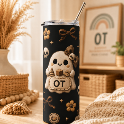 Quilted ghost Halloween tumbler for occupational therapists, 20oz insulated cup with stitched OT name-plate