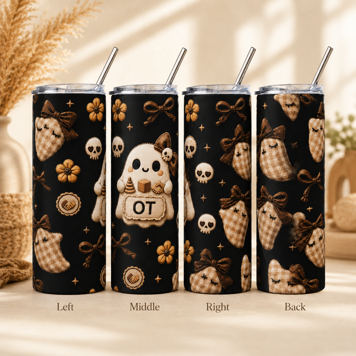 OT quilted ghost tumbler, warm boho Halloween print with felt ghosts, bows and gold stars