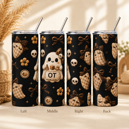 OT quilted ghost tumbler, warm boho Halloween print with felt ghosts, bows and gold stars