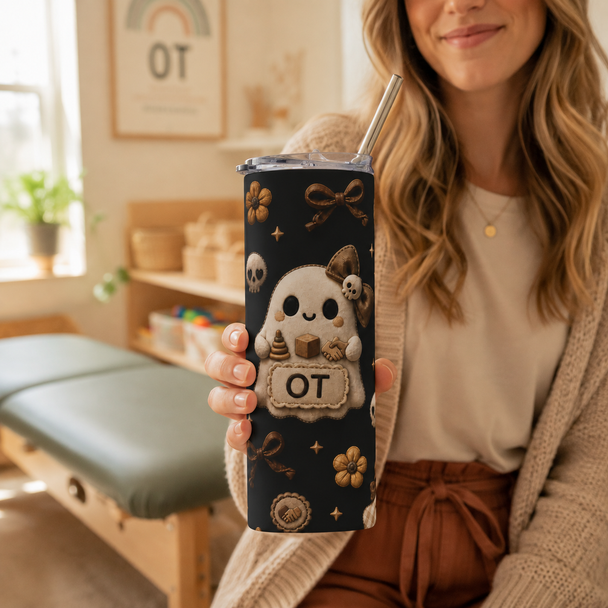 Quilted ghost OT tumbler styled in a warm boho setting, occupational therapy gift