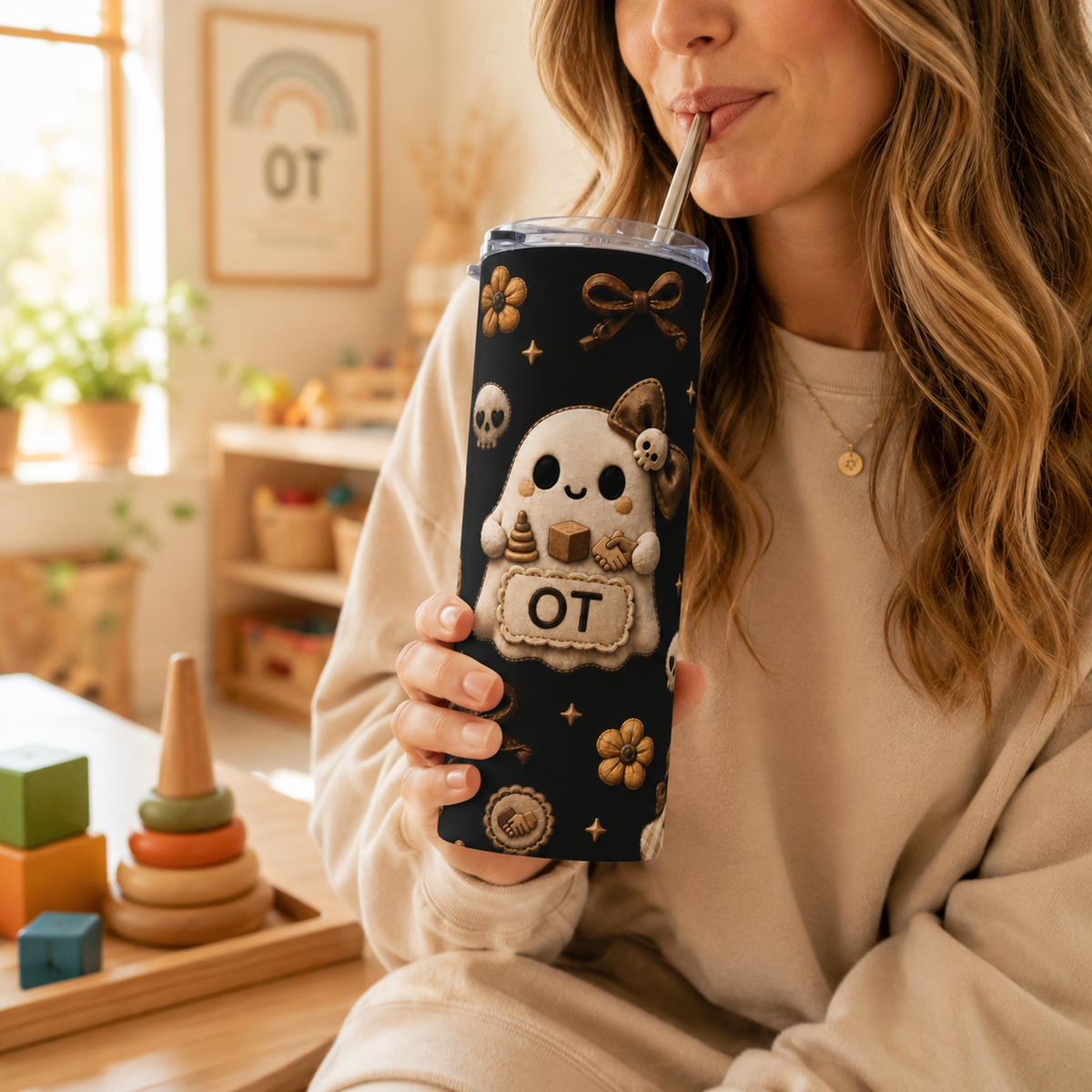 Cozy quilted ghost tumbler for OTs, autumn Halloween design in warm neutral tones