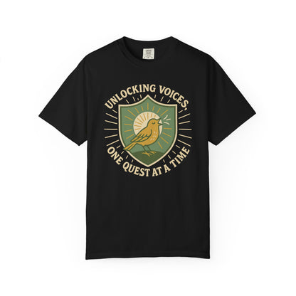 Unlocking Voices Shirt – Speech Therapist Bird Crest Tee – Boho Minimal Comfort Colors 1717 Tee