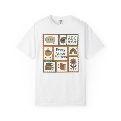 Every Voice Matters Shirt – Speech Therapy Teacher Tee – Boho Patchwork Comfort Colors 1717 Tee