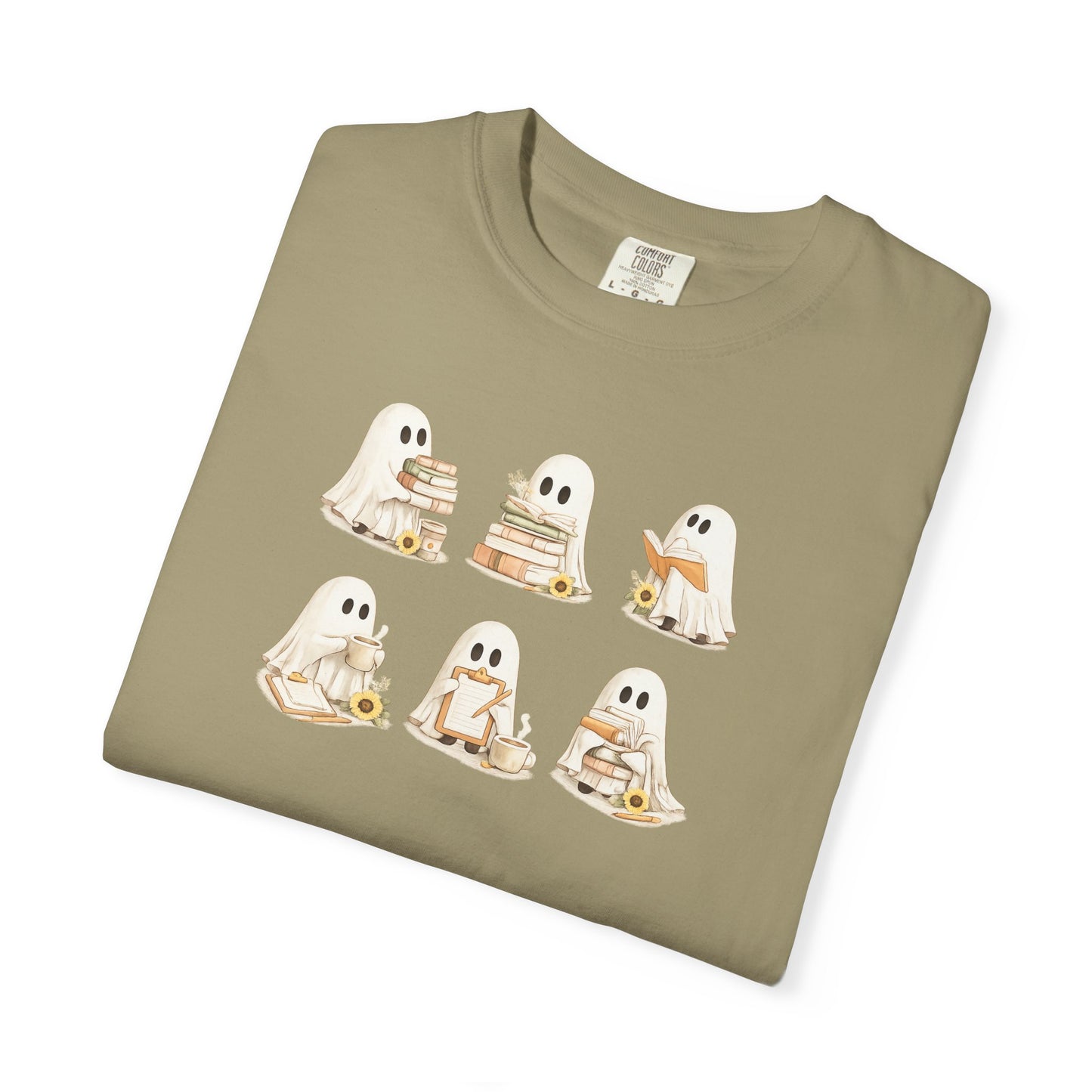 Olive green Comfort Colors t-shirt folded flat lay with six hand-illustrated ghosts holding books design - Ghost Teacher Shirt by The Teechers Thread