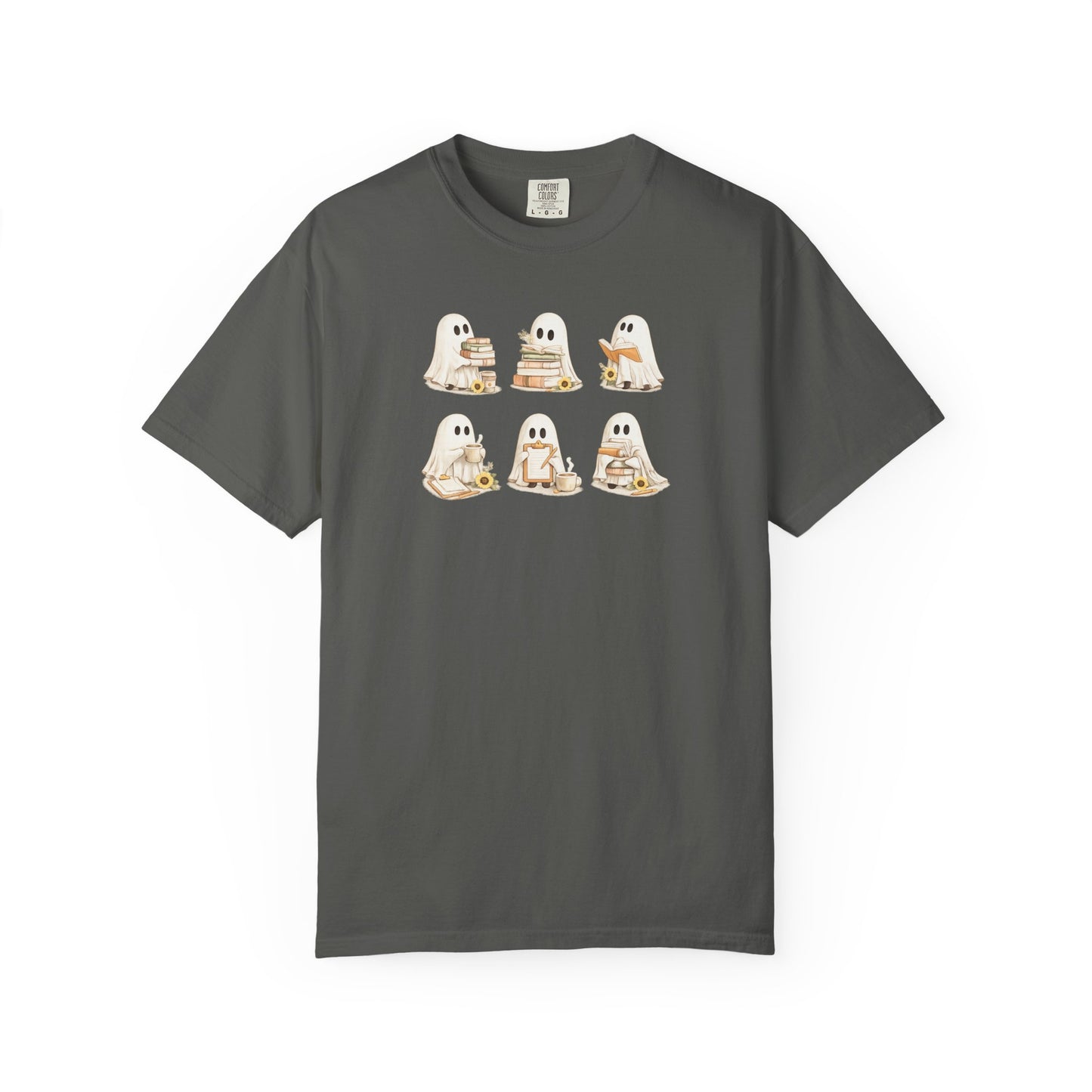 Charcoal grey Comfort Colors t-shirt with six hand-illustrated ghosts holding books, front view - Ghost Teacher Shirt by The Teechers Thread