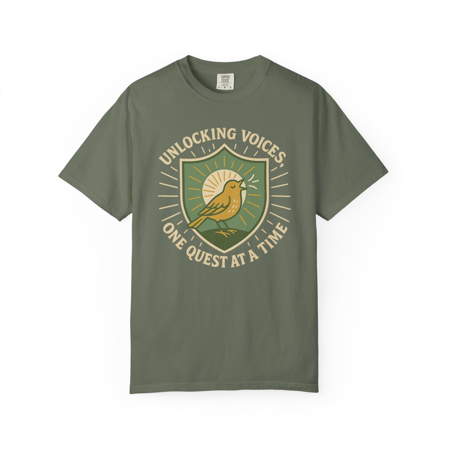 Unlocking Voices Shirt – Speech Therapist Bird Crest Tee – Boho Minimal Comfort Colors 1717 Tee